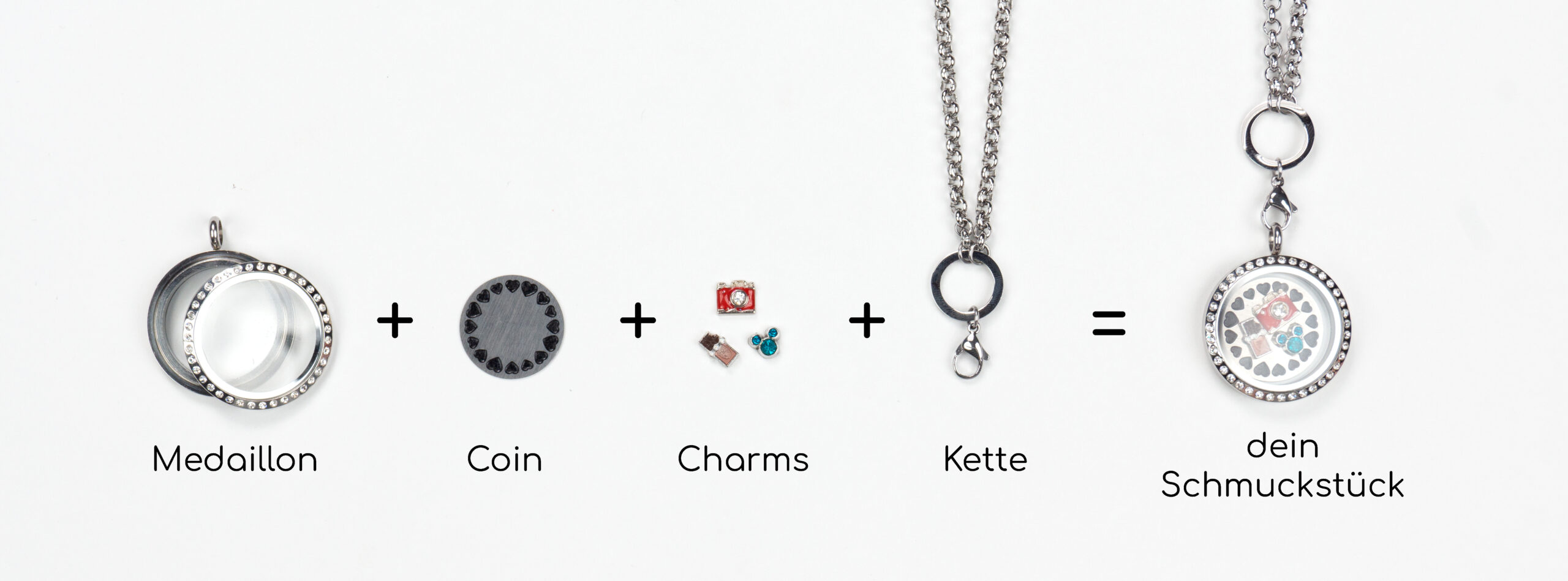 Medaillon + Coin + Charms + Kette = dein Schmuckstück